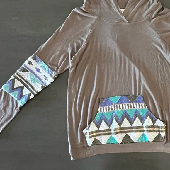 Bo Bel Taupe Copper Blue Aqua White Sequin Geo Relaxed Fit Hoodie Sweatshirt M - Picture 3 of 3